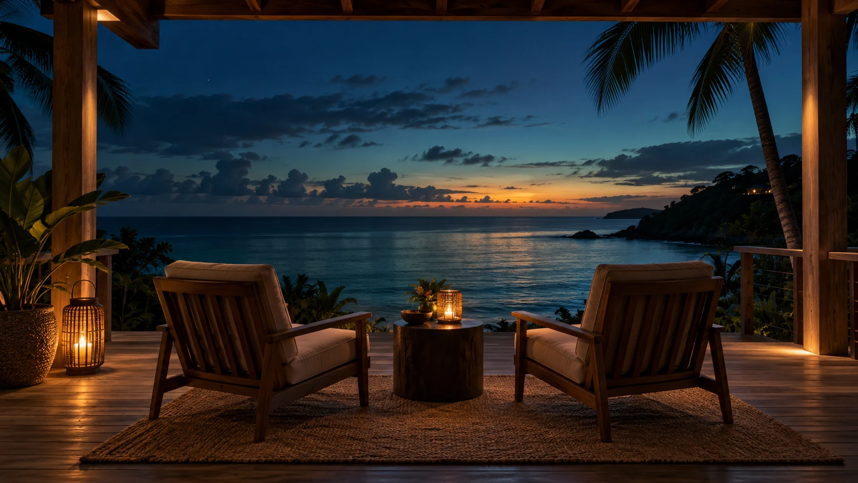 Two empty veranda chairs looking over a calm sea at dusk. An original, imagined Caribbean setting.